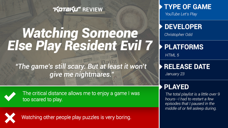 Illustration for article titled Watching Someone Else Play Resident Evil 7 On YouTube: The Kotaku Review